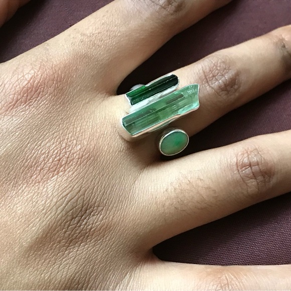 Sterling Silver Jade & Green Tourmaline Ring Size 7 - Picture 7 of 15